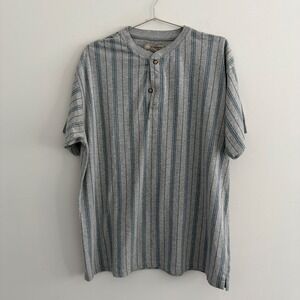 Basic Equipment Mens XL Henley T Shirt Gray Blue Striped Short Sleeve